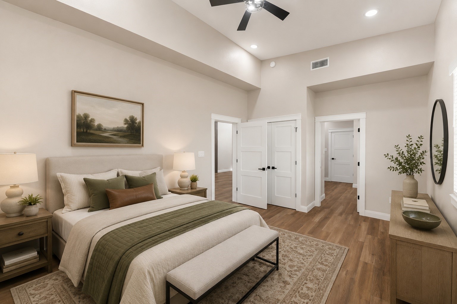 Bright and spacious room with high ceilings, tile wood-style flooring, and recessed lighting. Features a ceiling fan and multiple doors leading to other areas, offering a modern and open feel. AI decorated photo.