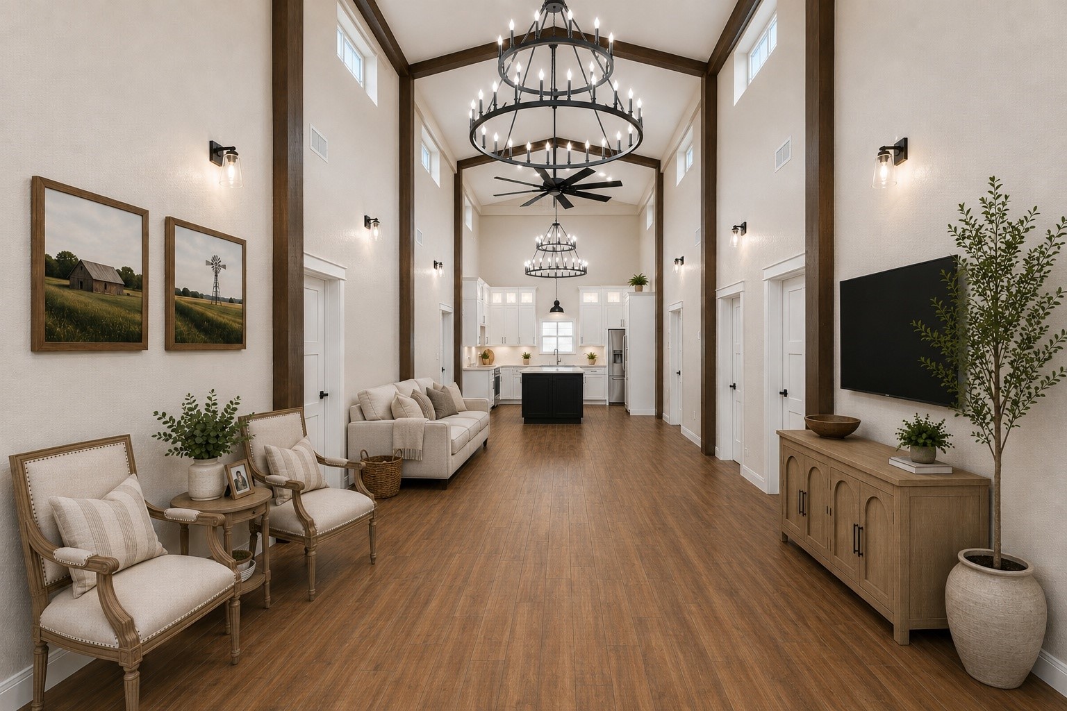 This photo showcases a modern, open-concept living area with high ceilings and elegant chandeliers. The space features beautiful tile wood-style flooring and ample natural light, providing a warm and inviting atmosphere. The view extends to a kitchen area with a central island, perfect for entertaining. AI decorated photo.