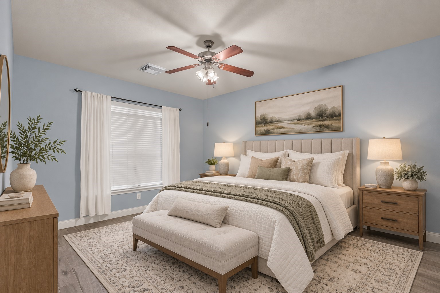 Secluded primary bedroom with a private en suite and views of the backyard. (Virtually Staged)