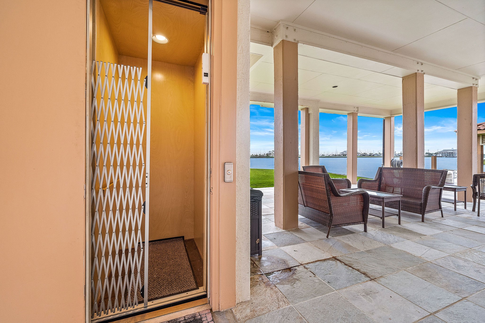 The home features a convenient elevator, providing easy access to all three levels