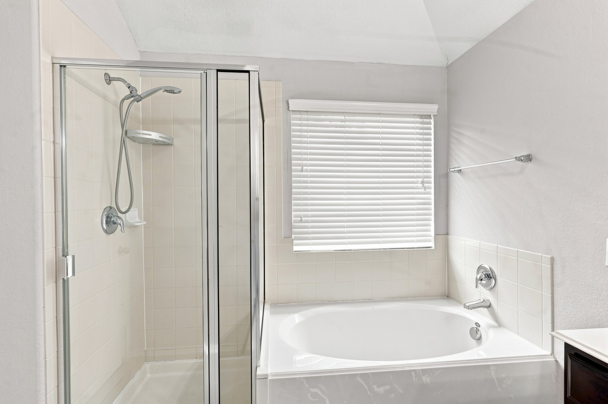 Primary bath featuring a separate glass-enclosed shower and soaking tub.