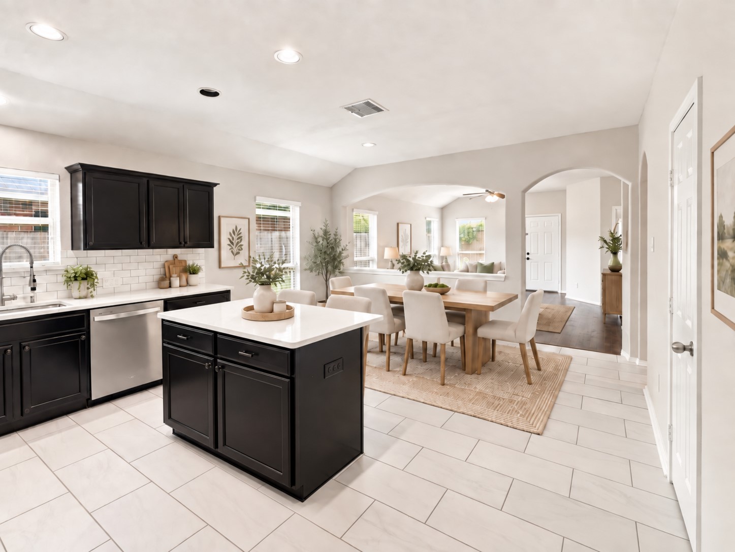 Open kitchen and dining area with center island, tile flooring, and open sightlines to the living space. Virtually staged. Open kitchen and dining area with center island, tile flooring, and open sightlines to the living space. Virtually staged.