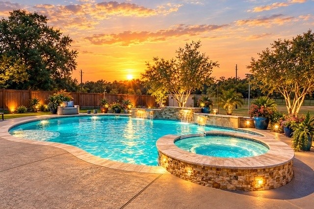 Experience ultimate relaxation with this luxurious backyard oasis, featuring a sparkling pool and spa surrounded by lush landscaping and elegant lighting, perfect for sunset views.