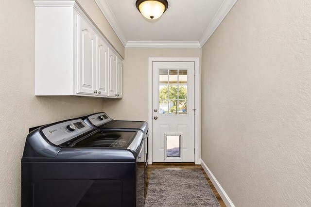 Bright and functional laundry room featuring modern appliances, ample cabinet storage, and a convenient exterior door with a pet access panel.
