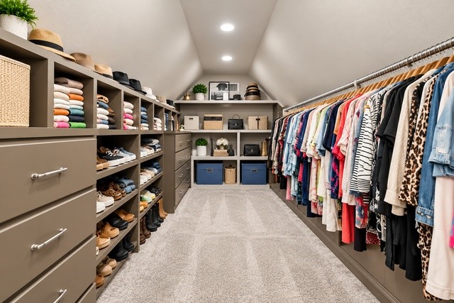 A spacious, well-organized walk-in closet featuring ample shelving, drawers, and hanging space with plush carpeting and recessed lighting.