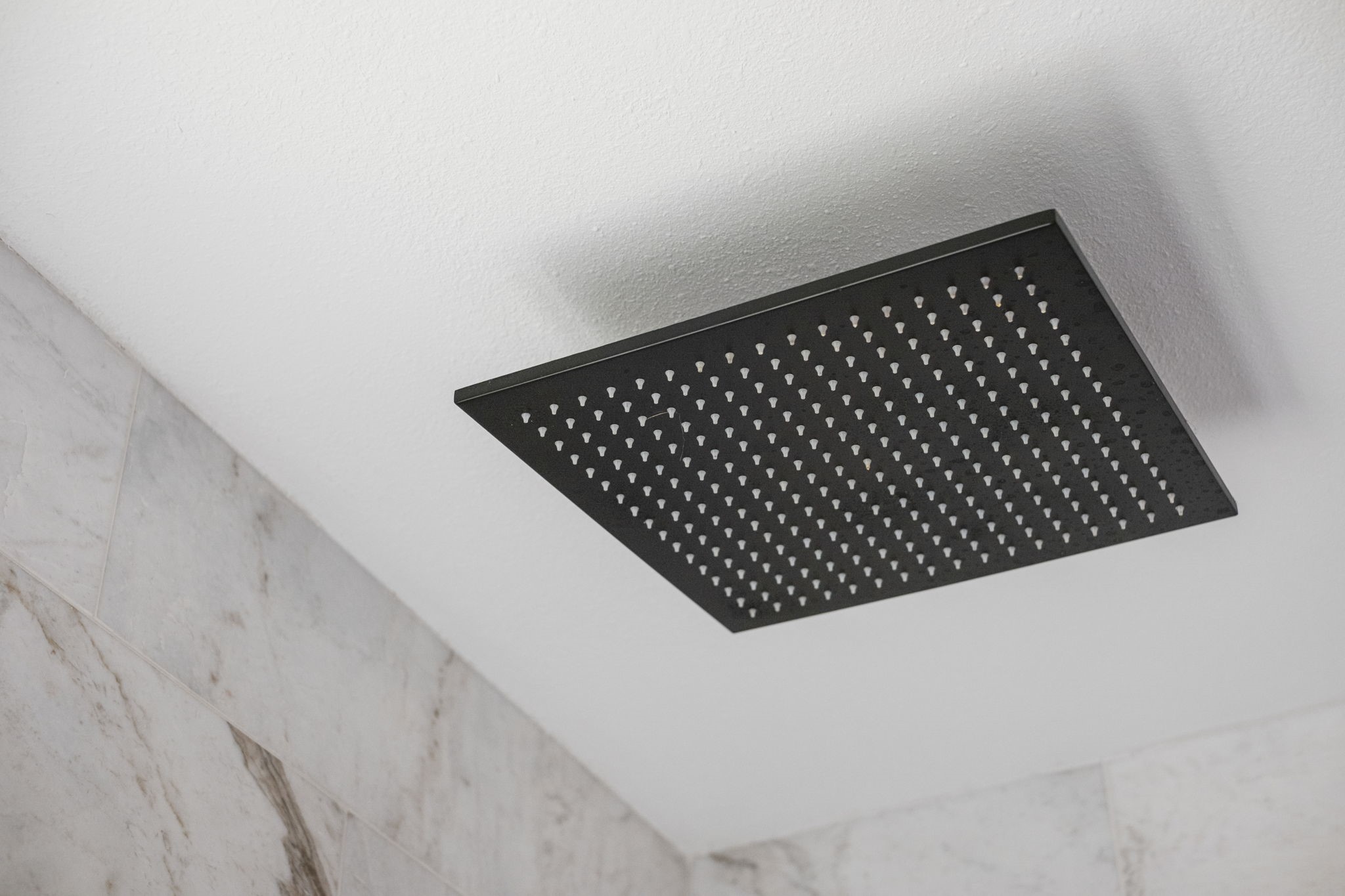 The modern black rain shower head adds a nice touch to the impressive primary shower.