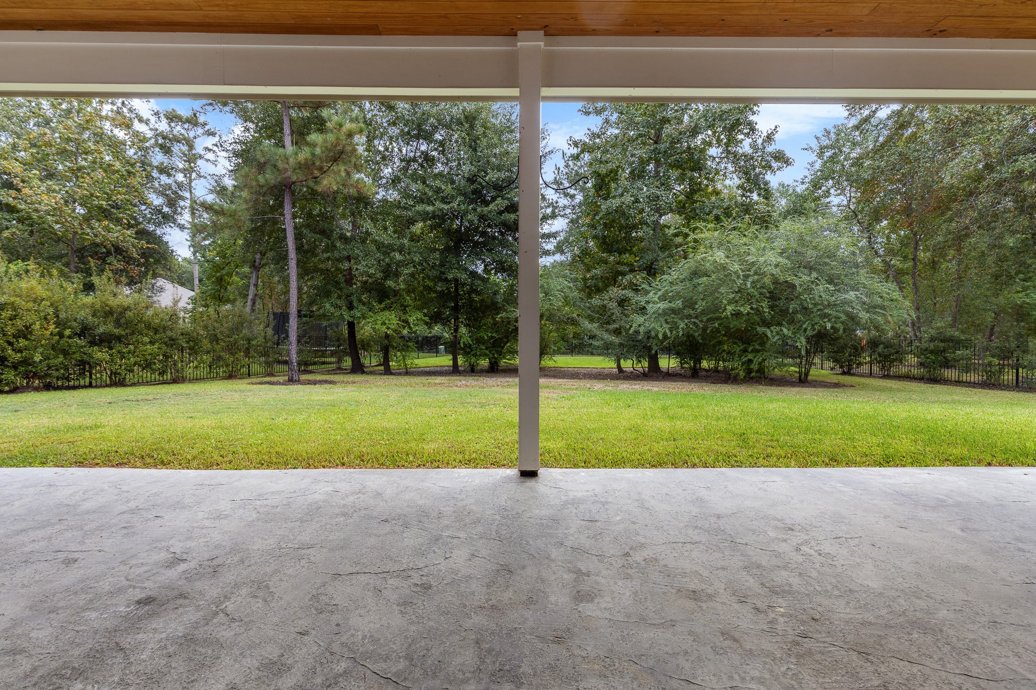 View from patio to shade trees and wrought iron fence.
