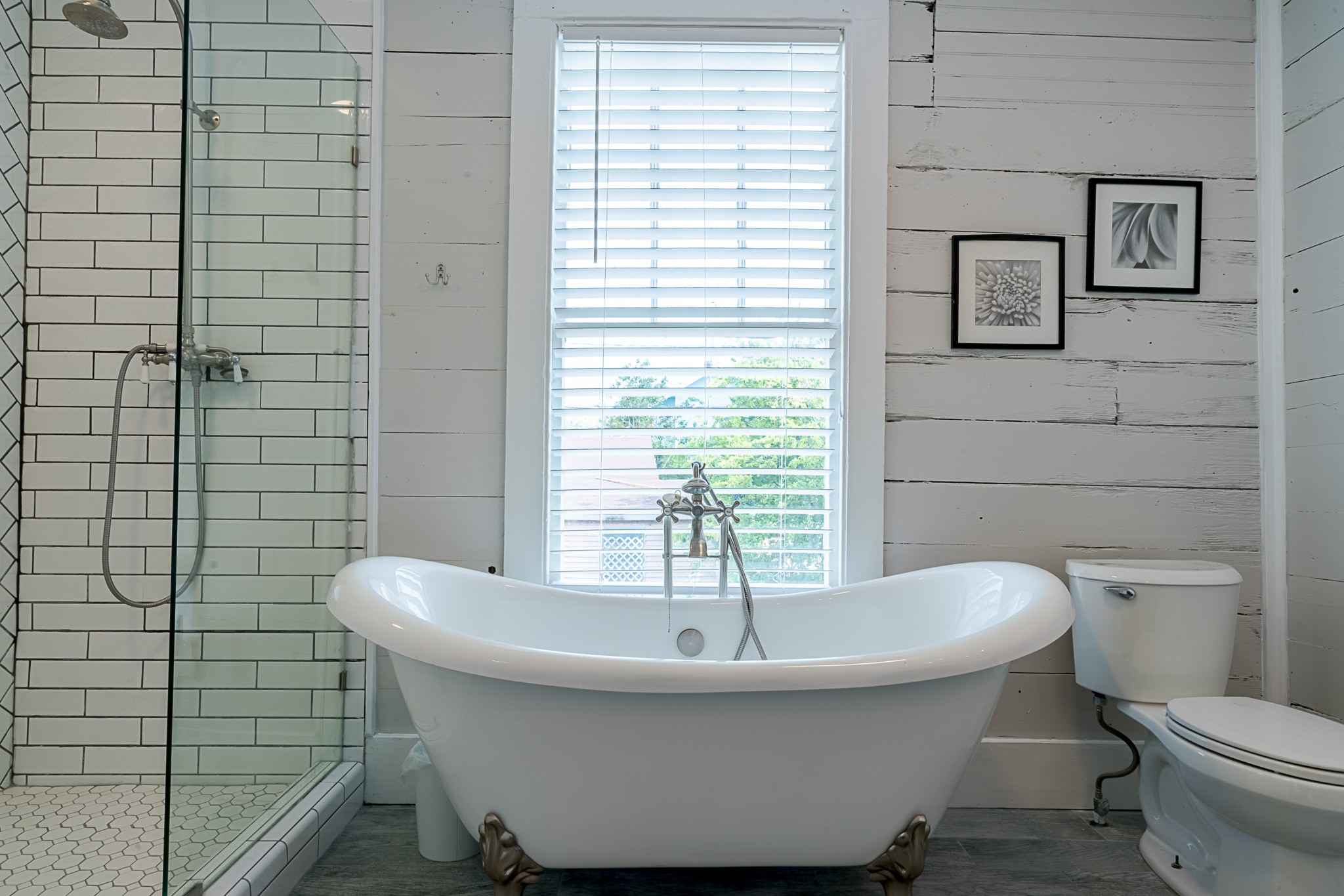 Beautifully upgraded primary bathroom with soaker tub