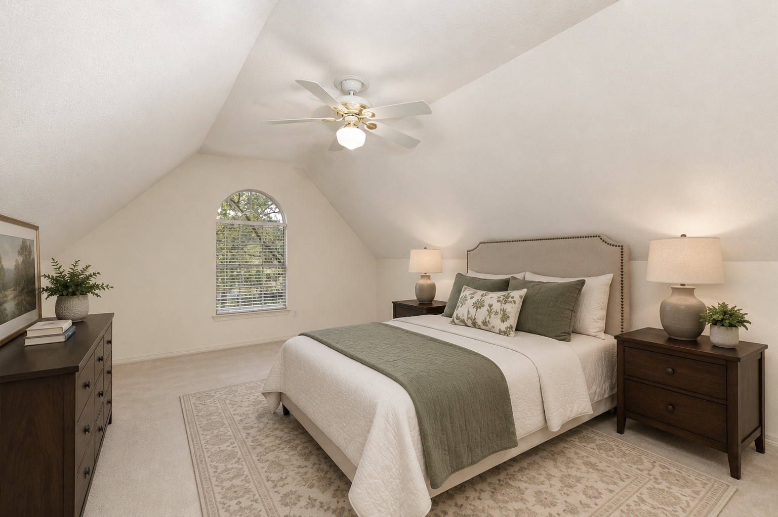 Welcome to the upstairs game room. This is showing the space as a bedroom! Digitally Staged