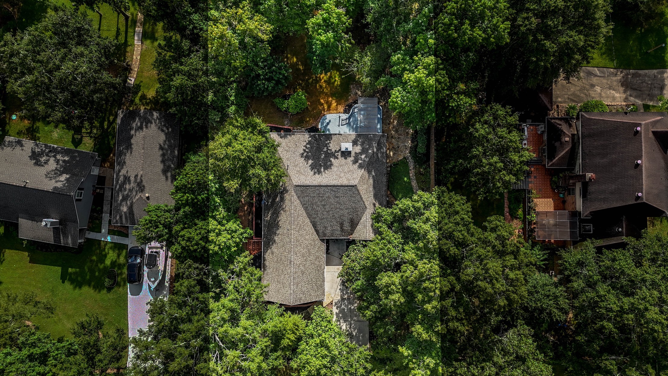 Here's a drone shot of the property! Check out the recent roof and the mature shade trees!