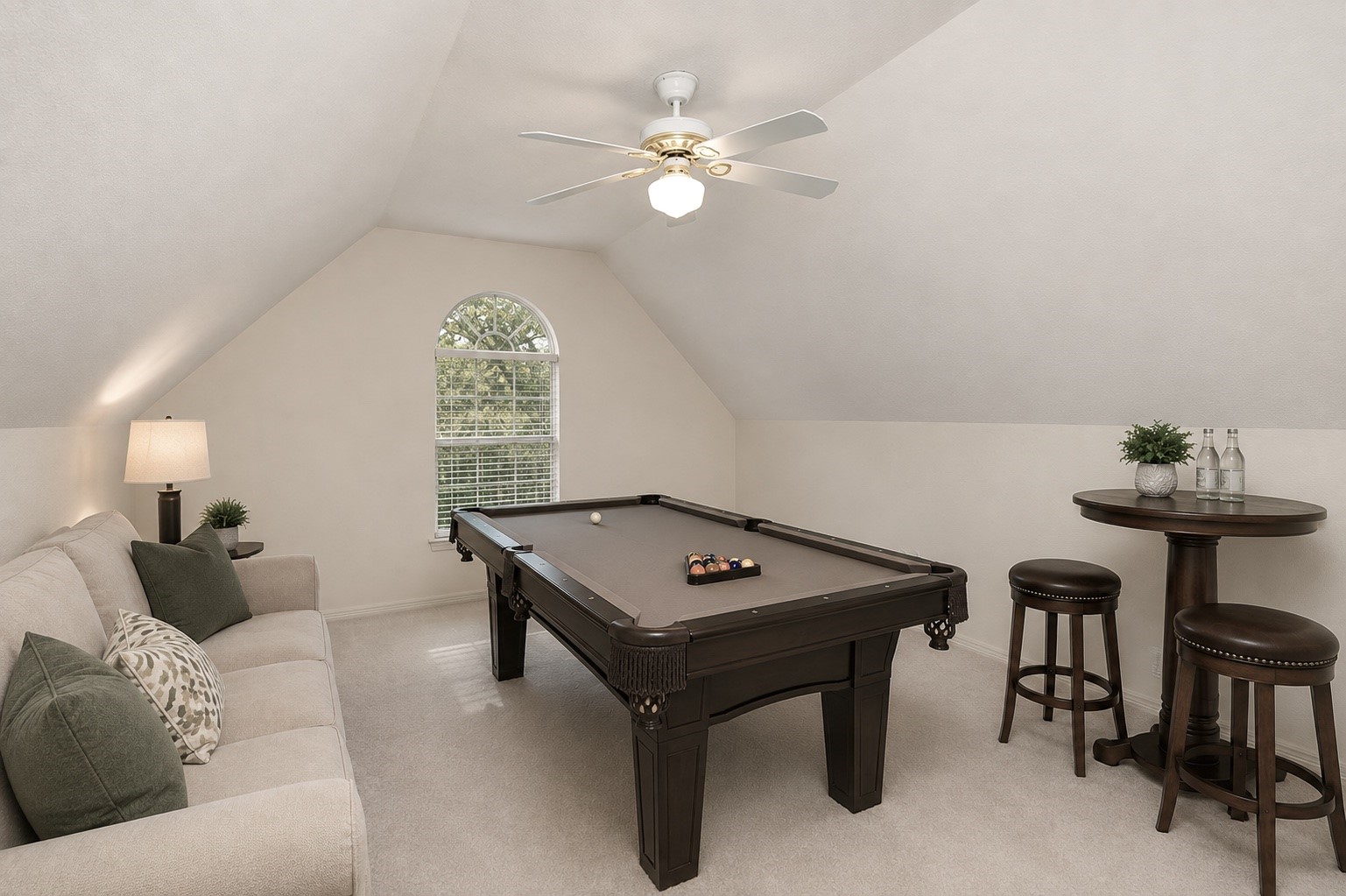Welcome to the upstairs game room. This is pool table size and ready for fun! Digitally Staged