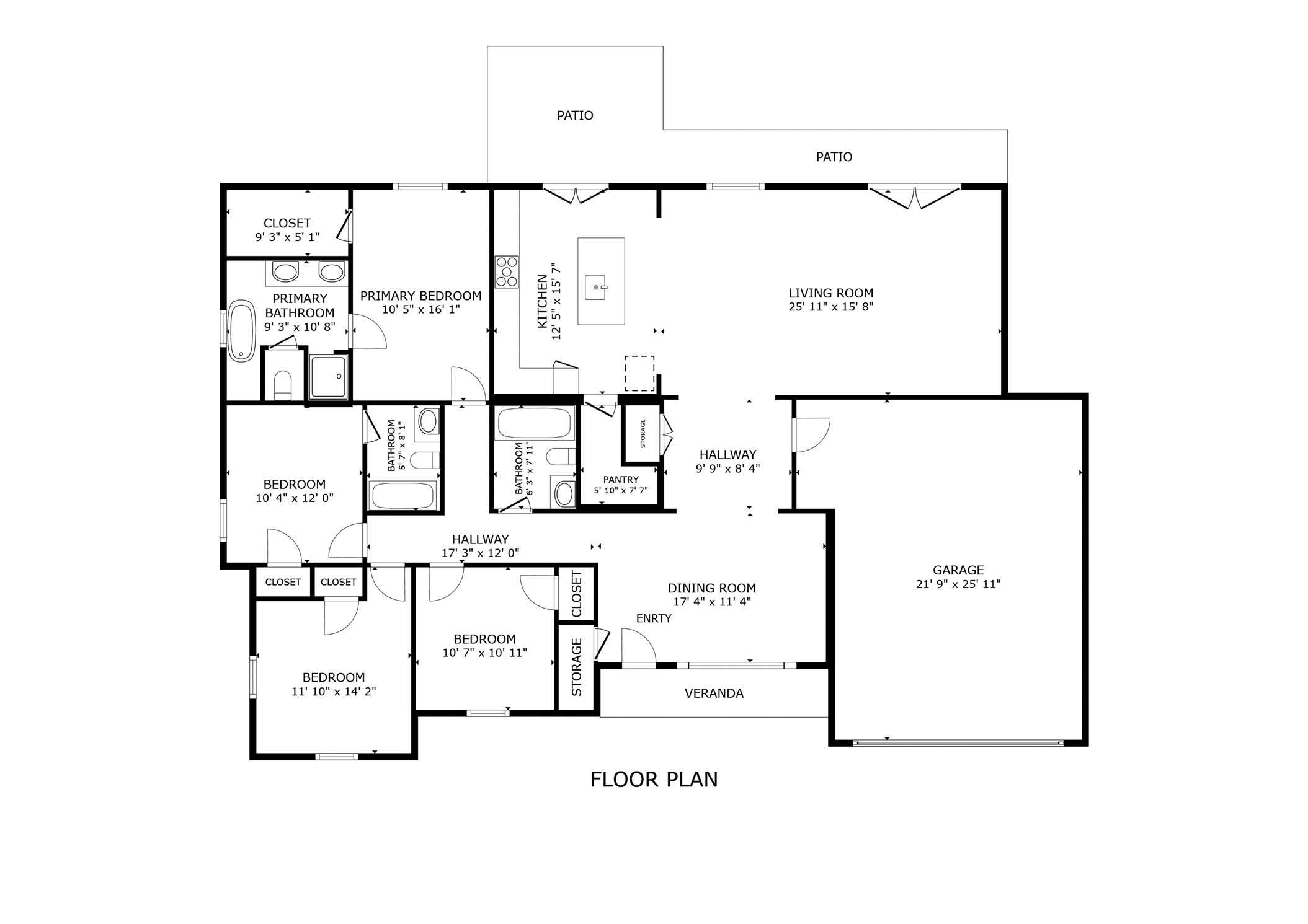 Floor plan illustrating the home's four-bedroom, three-bath layout and arrangement of living spaces.