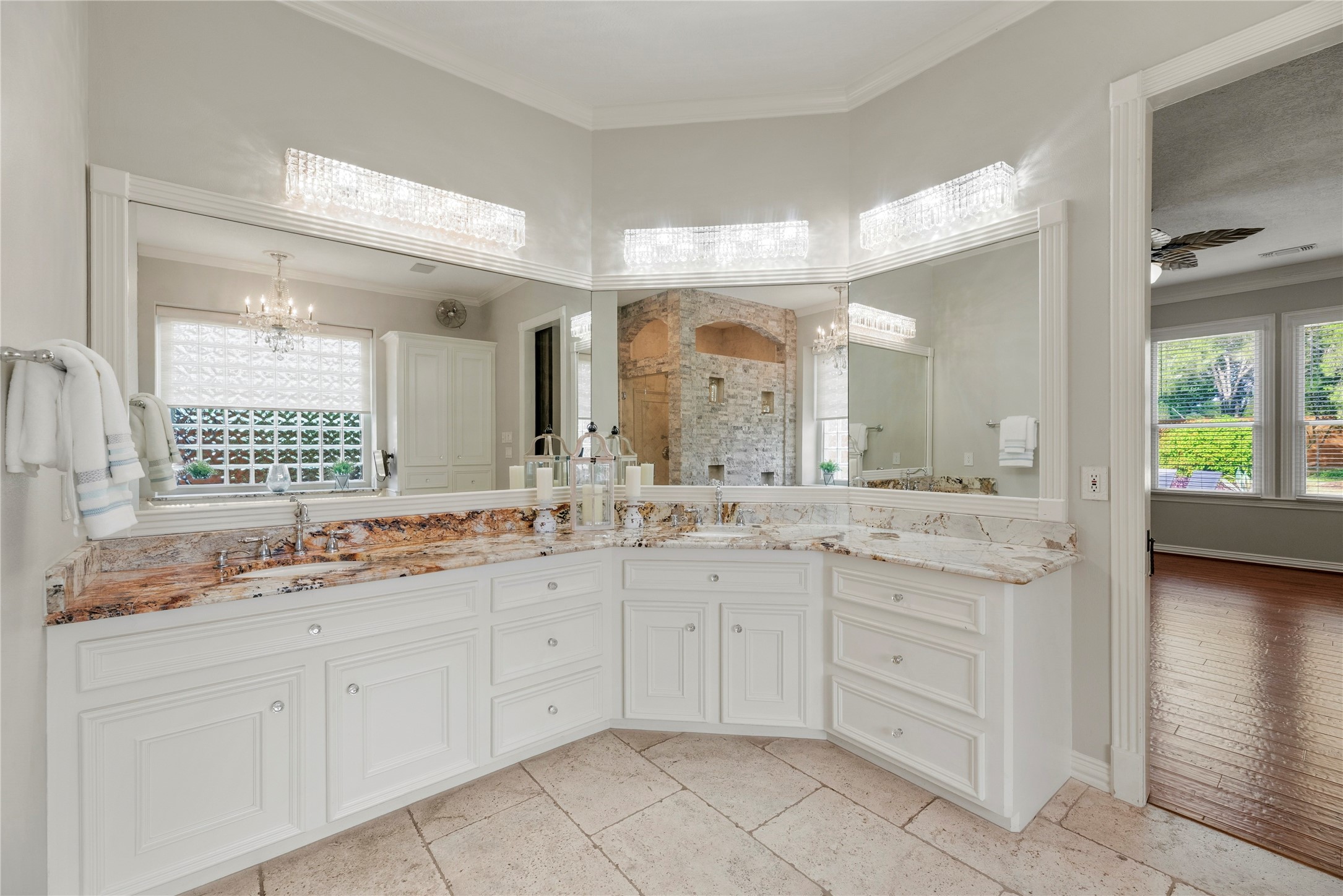 Dual sink granite vanity.