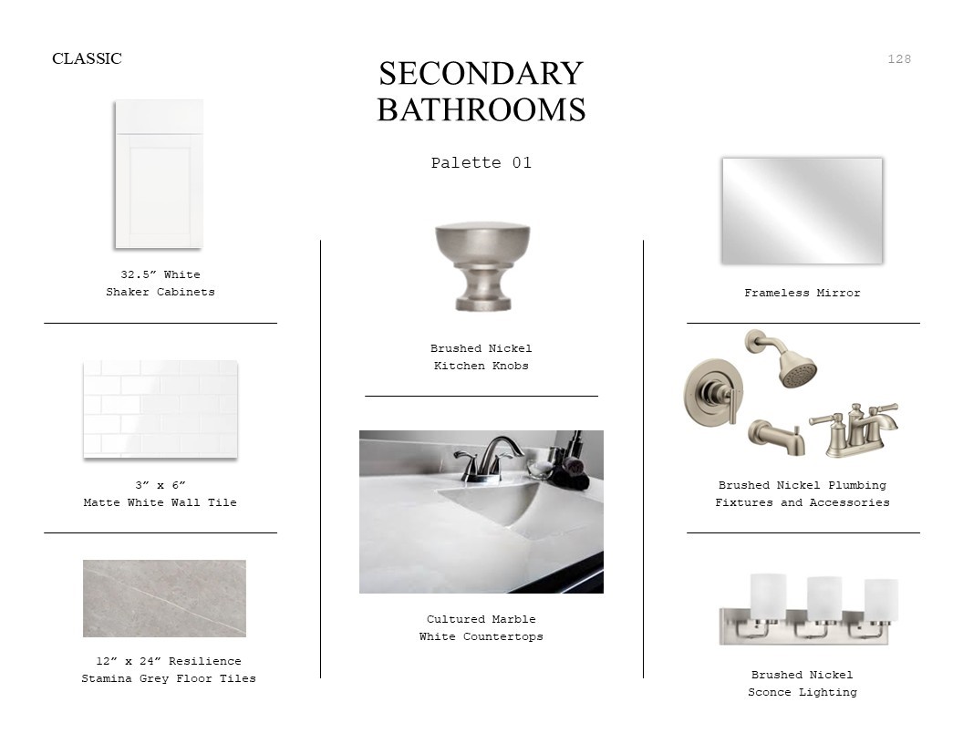 Classic Look Palette 1: Secondary Bathrooms Selection Sheet (*Artist rendering used for illustration purposes only.)