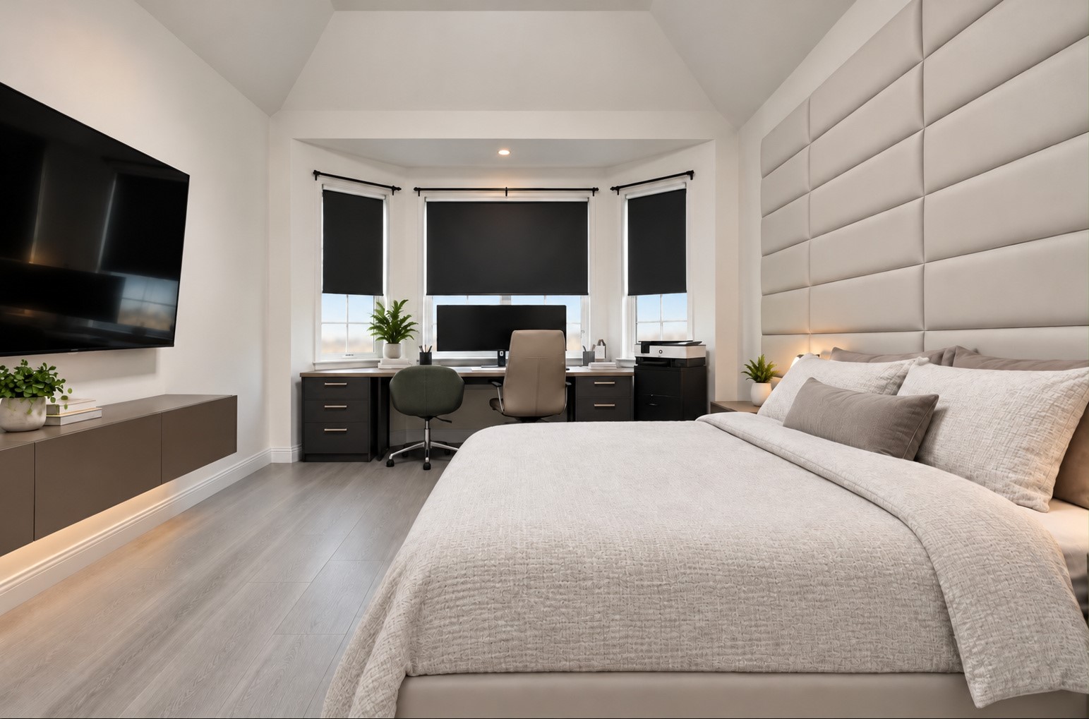 First-floor primary bedroom featuring a vaulted ceiling, updated flooring, and a bay-window sitting area with space for a desk or reading nook.