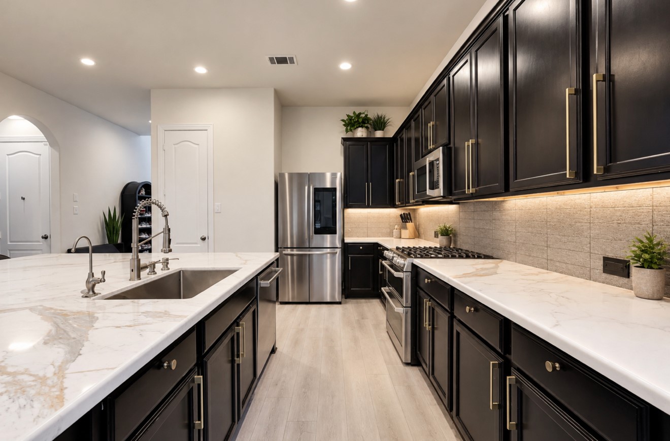 Beautifully updated kitchen featuring a remodeled oversized island with breakfast bar seating, new countertops, and new appliances. Rich dark cabinetry with hardware, under-cabinet lighting, and a statement light fixture creates a stylish space that opens to the main living areaideal for everyday living and entertaining.