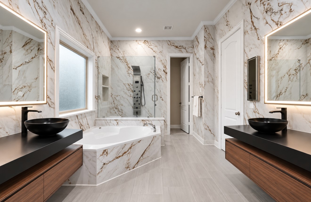Fully renovated primary bathroom featuring striking marble-look finishes, dual floating vanities with vessel sinks, and illuminated mirrors. A soaking tub and separate glass-enclosed shower with a rainfall showerhead, body jets, and handheld sprayer create a luxurious retreat.