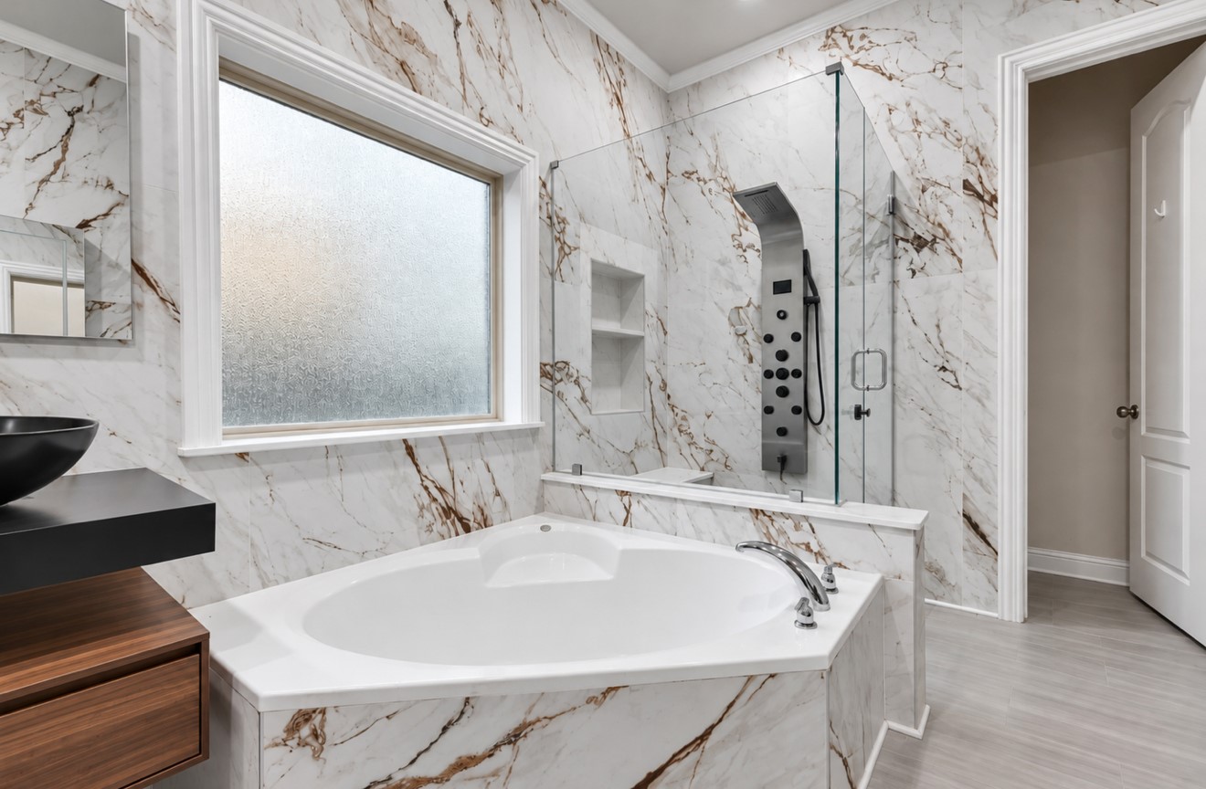 Fully renovated primary bathroom featuring striking marble-look finishes, dual floating vanities with vessel sinks, and illuminated mirrors. A soaking tub and separate glass-enclosed shower with a rainfall showerhead, body jets, and handheld sprayer create a luxurious retreat.