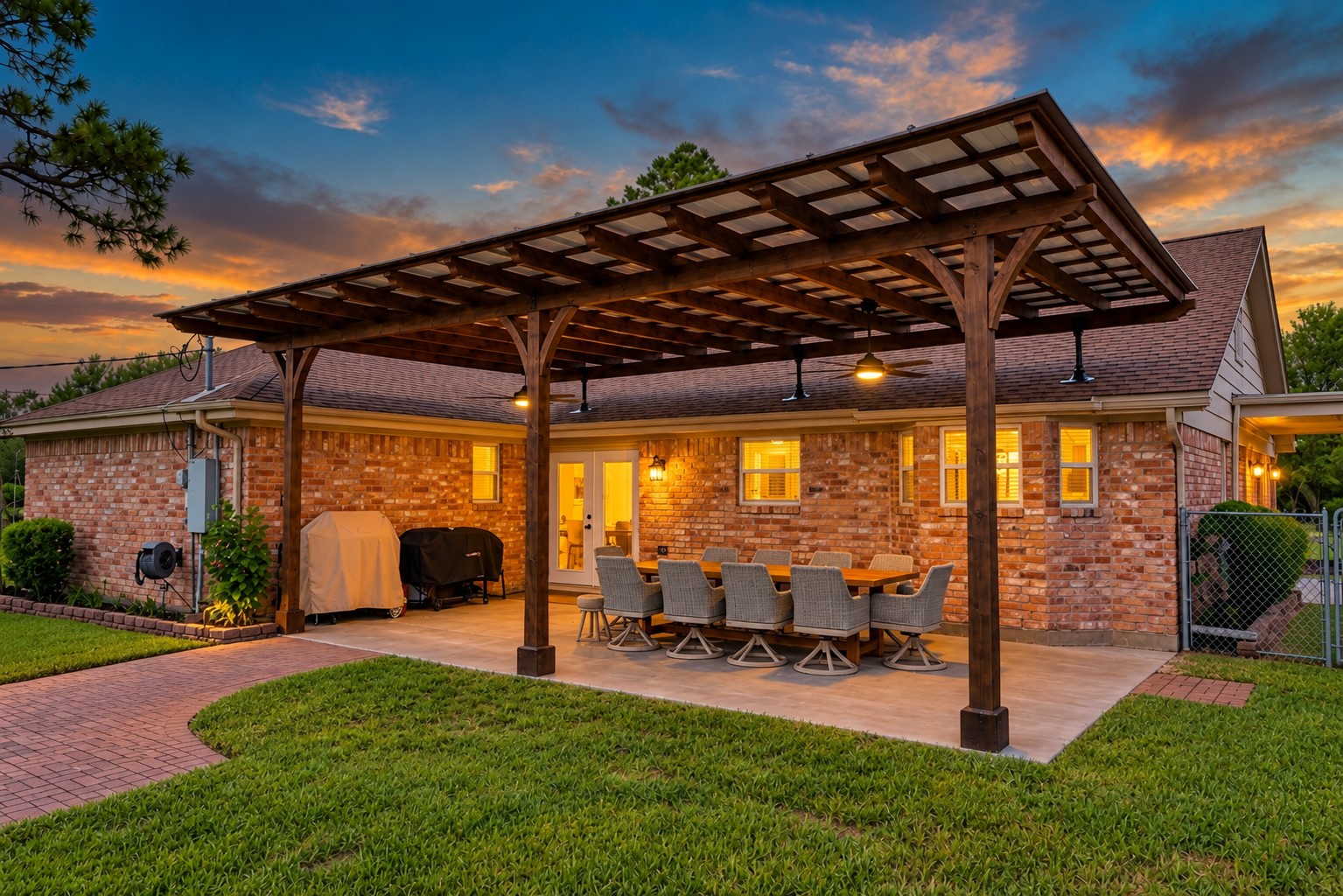 This pergola, built in 2026, is a great setting for entertaining or just relaxing after a long day.