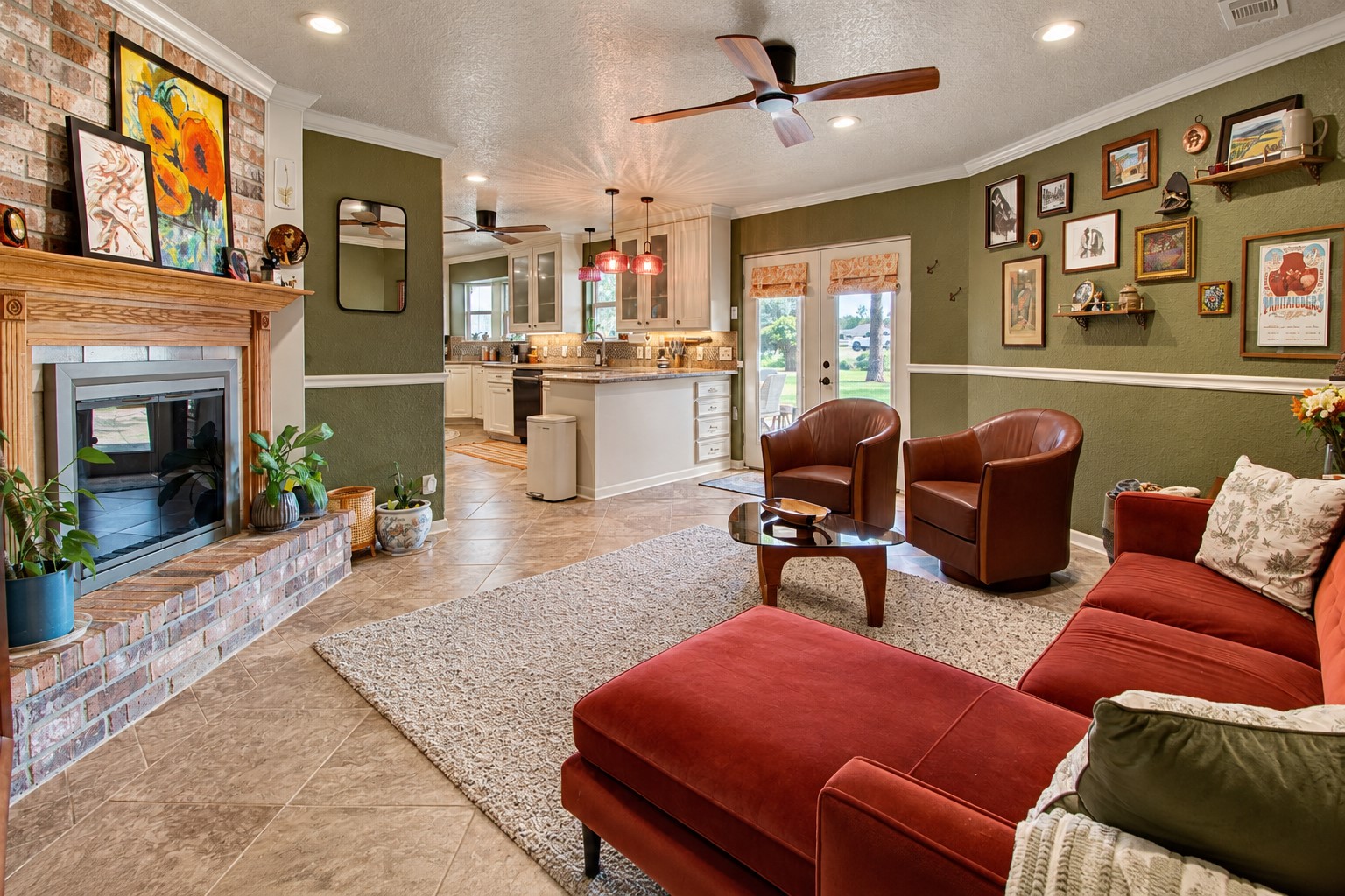 This living room and the kitchen flow together seamlessly.