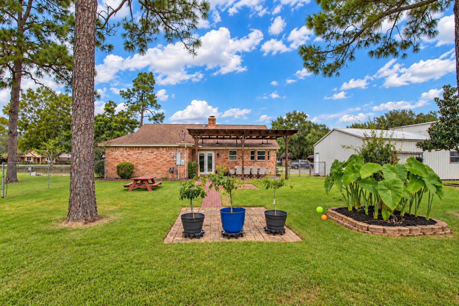 The spacious backyard surrounded by mature pine trees, with plenty of room to relax, garden... whatever your heart desires!
