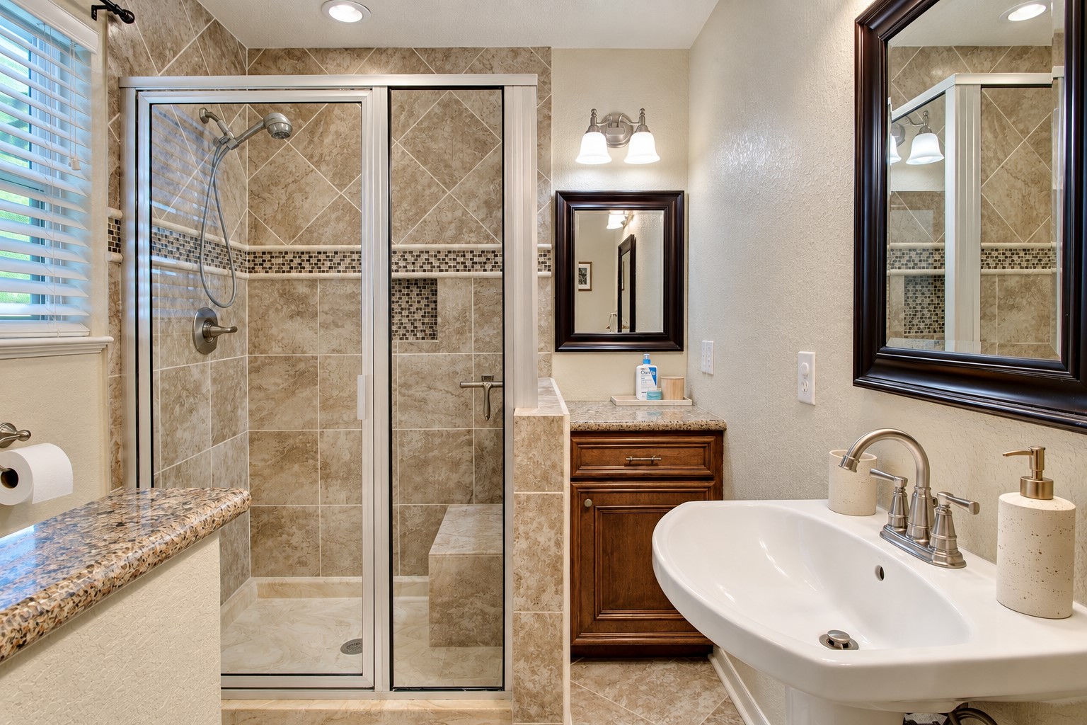 Secondary bathroom features a walk-in shower in a bench, tile all the way to the ceiling, and convenient recessed shelving.