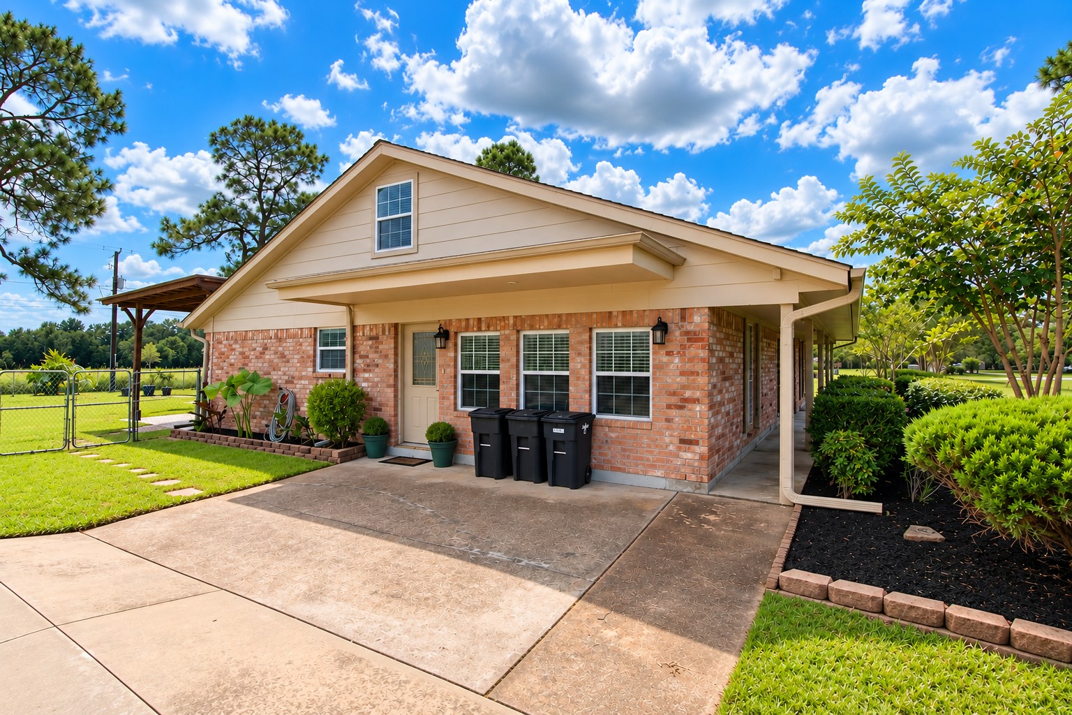 The side entry has easy access to the driveway, garage, and backyard.