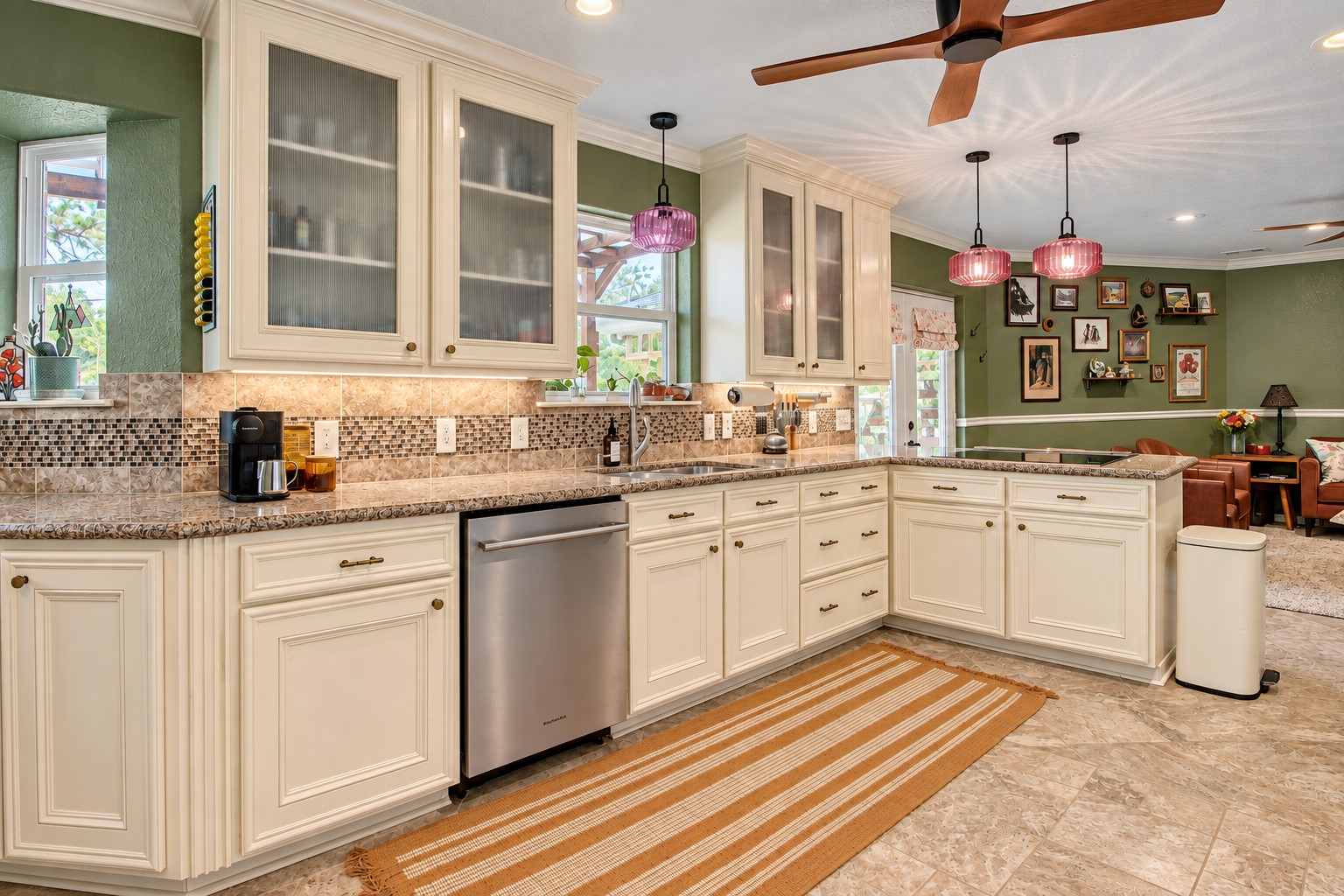 The kitchen overlooks the backyard through several windows, bringing in plenty of natural light and giving you a great view while youre in here!