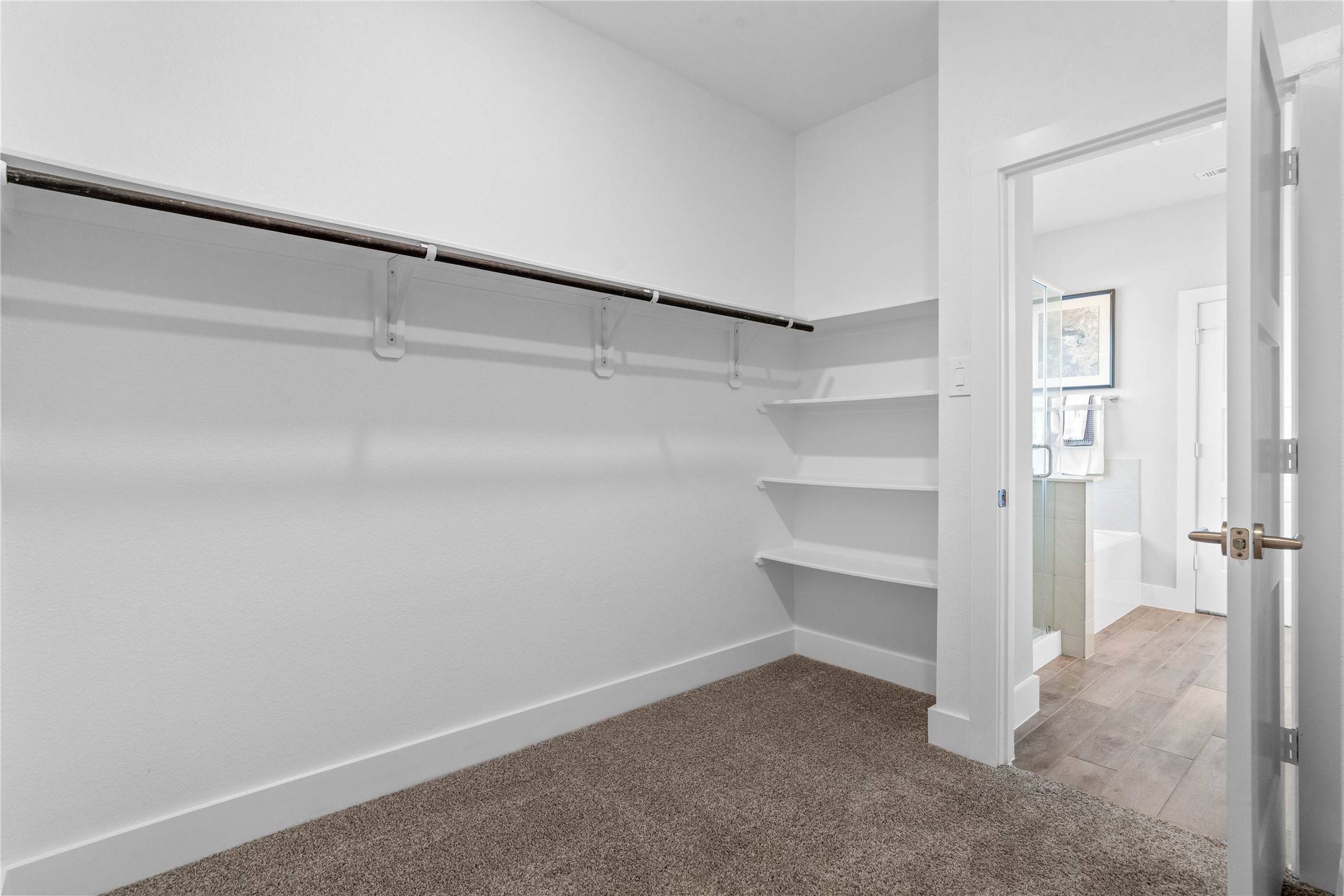 The primary suite features a generous walk-in closet equipped with functional hanging rods and shelving.