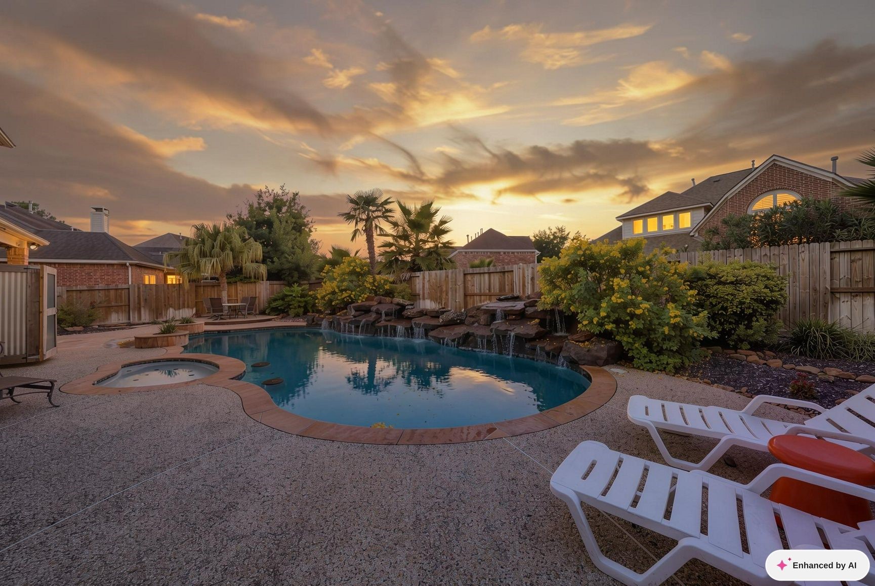 At dusk, the pool and spa take on a resort-like glow, turning the backyard into an inviting setting for evening swims and relaxed entertaining.