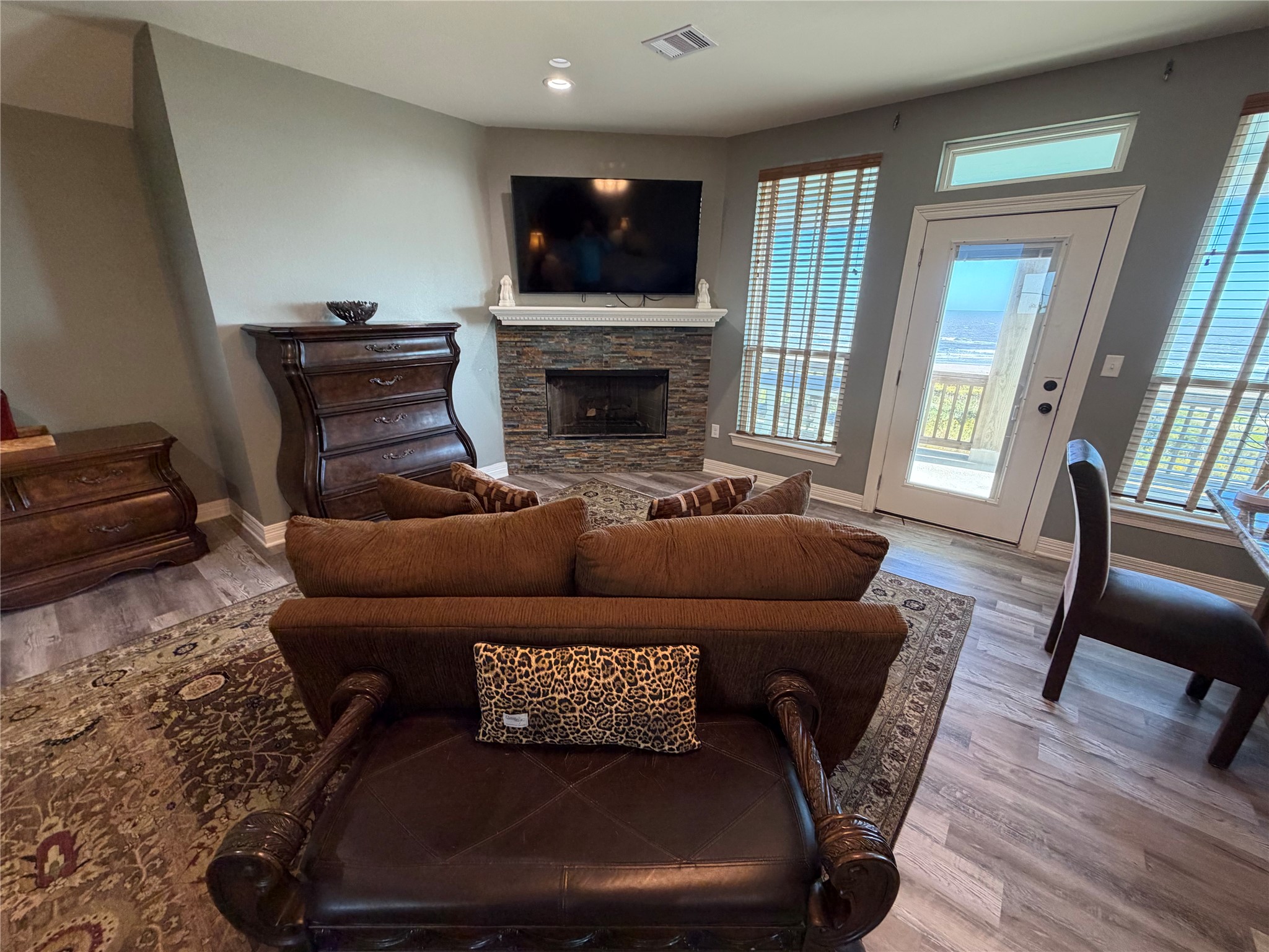 View seating area with fireplace