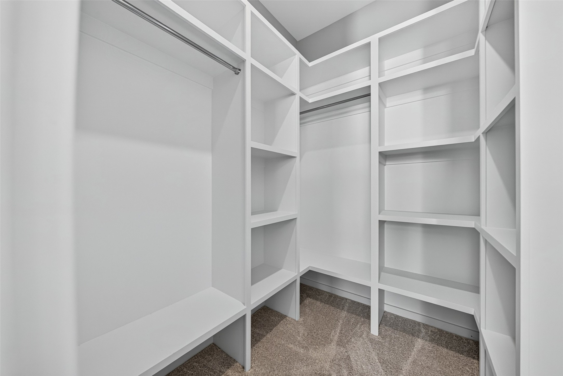 Spacious primary walk-in closet with custom built-in shelving, ample hanging rods, and soft carpet flooring.