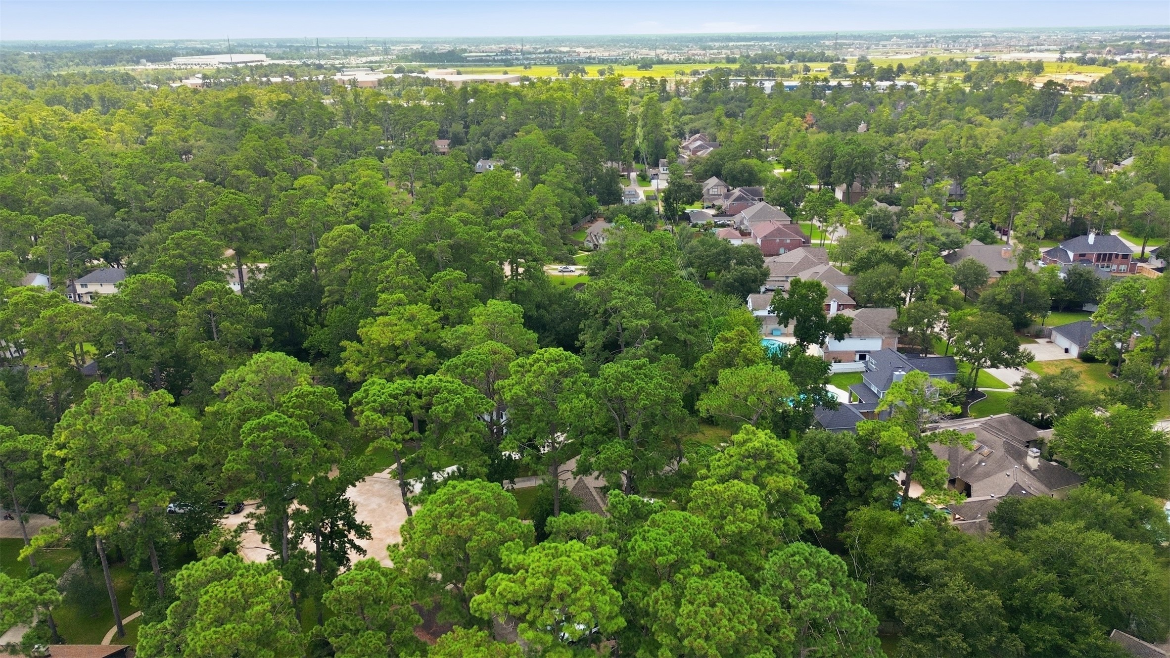 Aerial view showcasing the peaceful, tree-lined neighborhood and beautifully established surroundings.