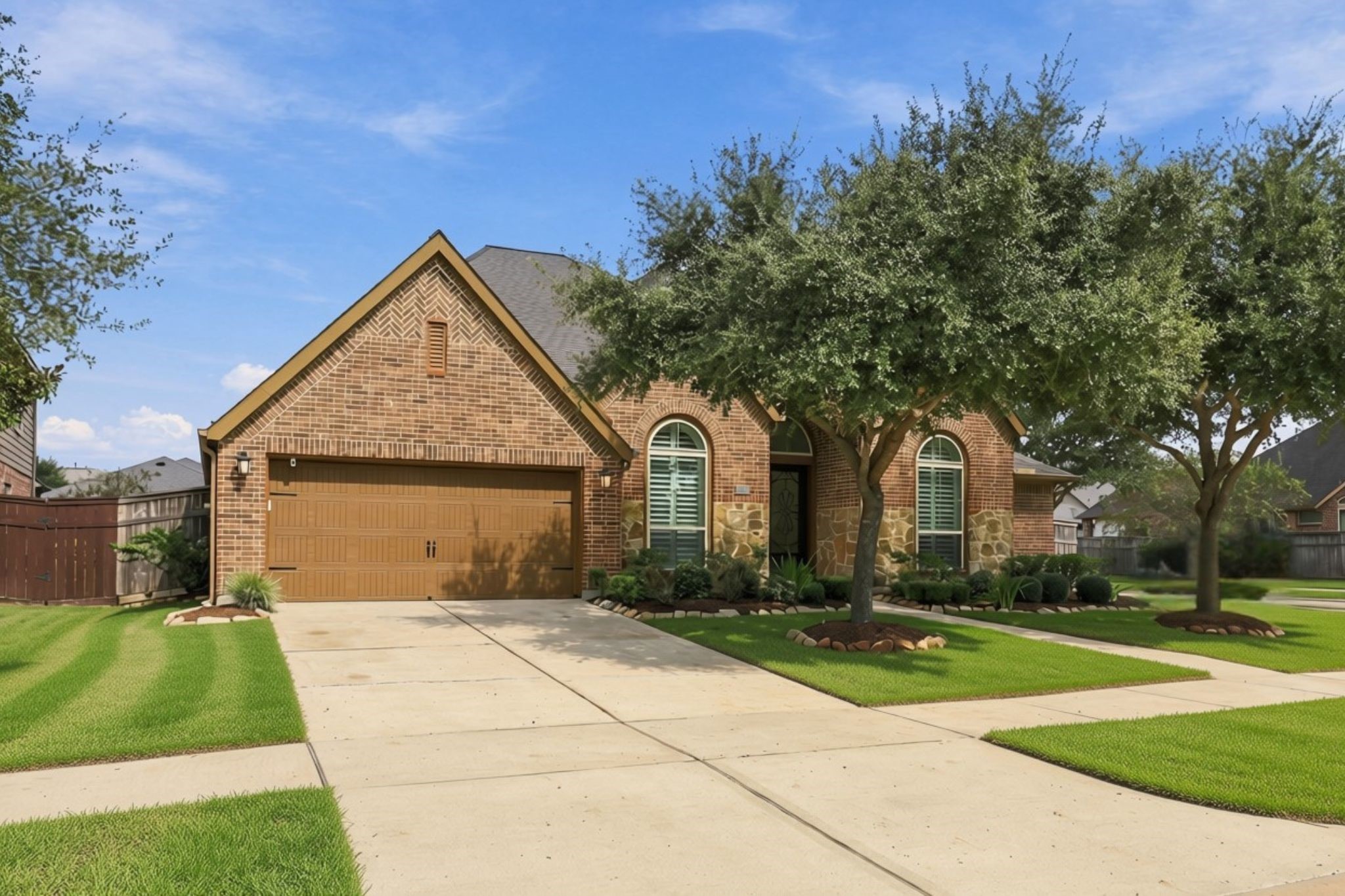 Situated on an oversized corner lot with no neighbors to the right, this beautiful one-story home offers added privacy and attractive curb appeal with a combination of brick and stone exterior. The double-wide driveway provides ample parking and leads to a spacious three-car tandem garage, accented by coach lights on either side. Situated on an oversized corner lot with no neighbors to the right, this beautiful one-story home offers added privacy and attractive curb appeal with a combination of brick and stone exterior. The double-wide driveway provides ample parking and leads to a spacious three-car tandem garage, accented by coach lights on either side.