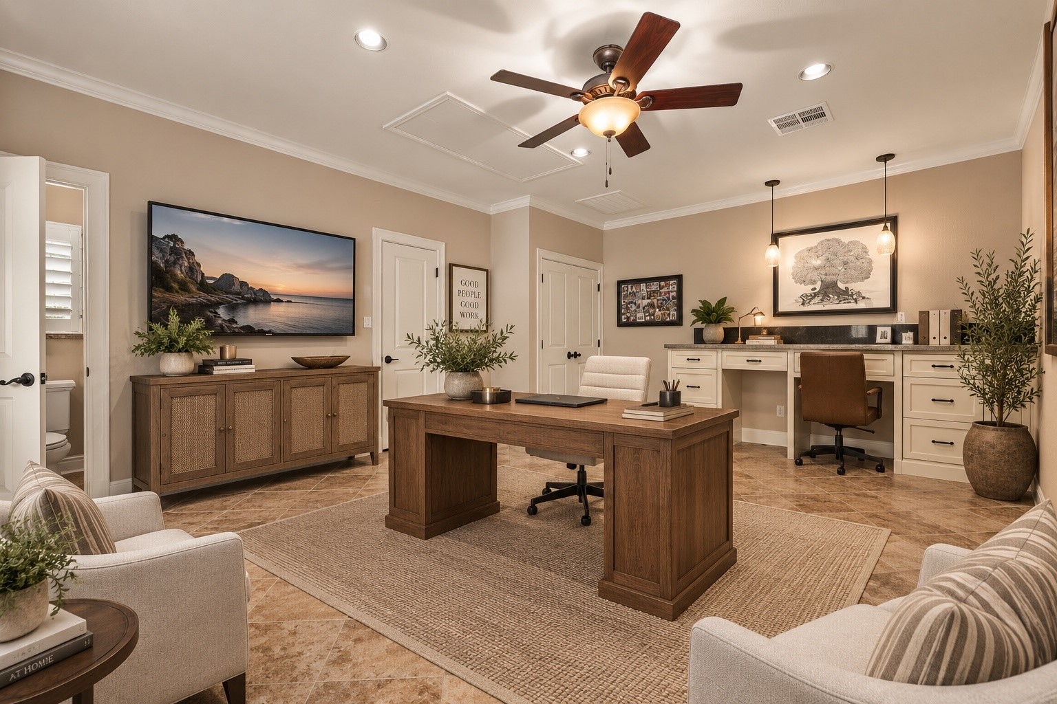 Virtually staged to showcase the possibilities of this spacious, versatile room as a home office or private guest suite. Featuring two large walk-in closets, a full bathroom with walk-in shower, and generous space for a comfortable sitting area. Ideal for a mother-in-law suite, game room, or playroom.
