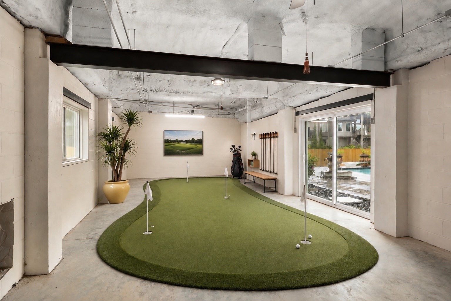 Your imagination is the limit! This versatile ground-level space offers endless possibilites for recreation and entertaining, with roll-out windows and sliding glass doors overlooking the pool. Imagine your own indoor putting green, game room, or hobby retreat! VIRTUALLY STAGED TO ILLUSTRATE POTENTIAL USE. Your imagination is the limit! This versatile ground-level space offers endless possibilites for recreation and entertaining, with roll-out windows and sliding glass doors overlooking the pool. Imagine your own indoor putting green, game room, or hobby retreat! VIRTUALLY STAGED TO ILLUSTRATE POTENTIAL USE.