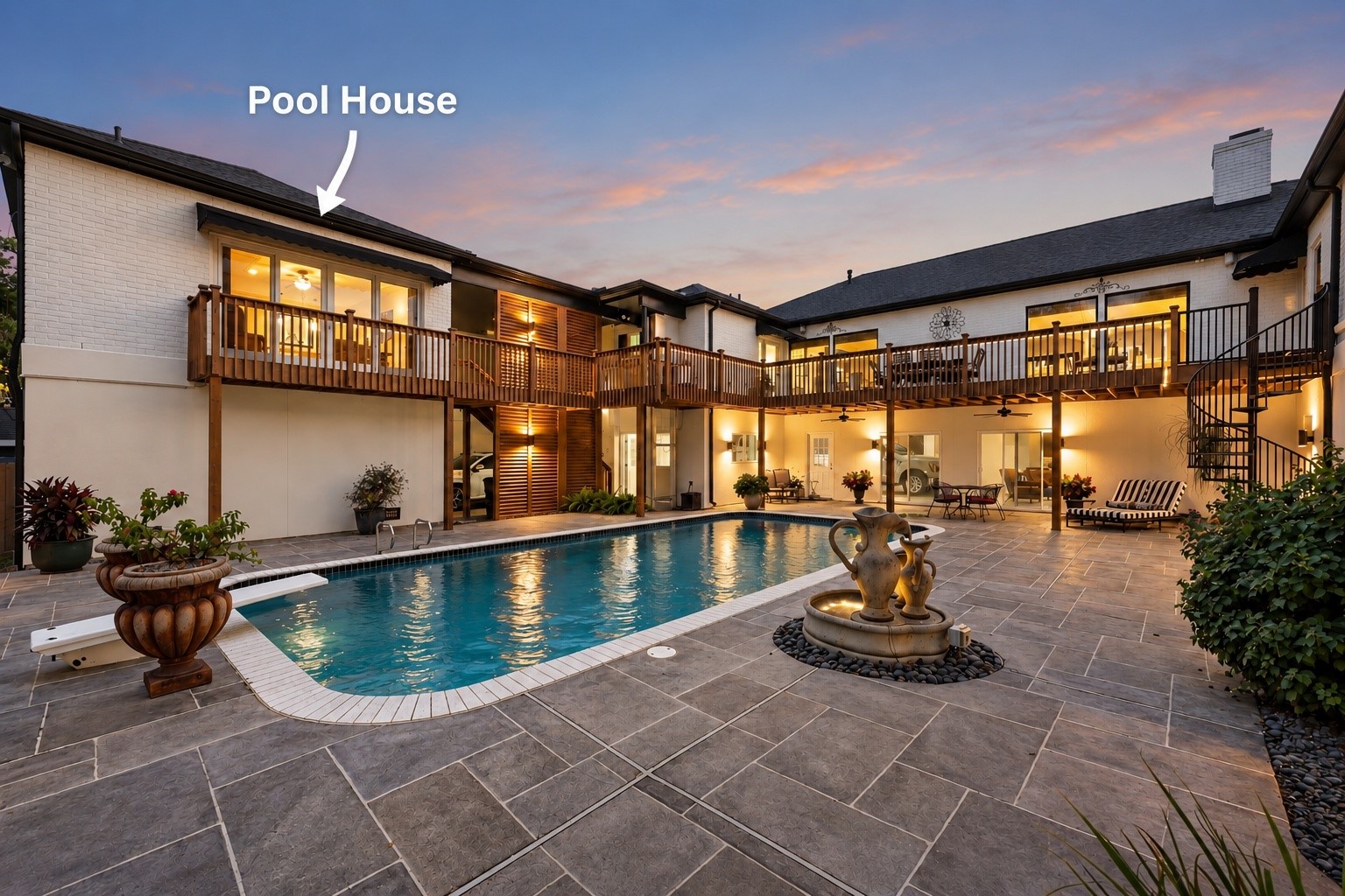 An entertainer's dream! Spectacular private courtyard featuring a sparkling pool, expansive patio, charming fountain, and separate pool house. Surrounded by beautiful balconies and inviting covered outdoor living areas, this exceptional space is perfect for entertaining or relaxing in your own private retreat. An entertainer's dream! Spectacular private courtyard featuring a sparkling pool, expansive patio, charming fountain, and separate pool house. Surrounded by beautiful balconies and inviting covered outdoor living areas, this exceptional space is perfect for entertaining or relaxing in your own private retreat.