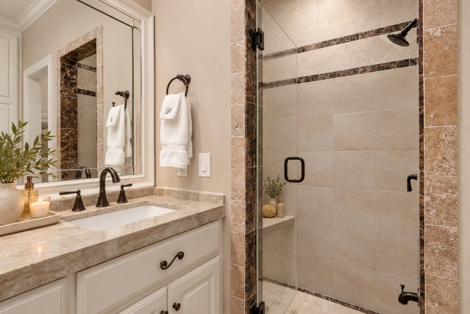 Another view of the spacious primary shower showcases beautifully laid horizontal large-format time, elegant marble accents, and tile extending to the ceiling, creating a timeless, custom-designed look.