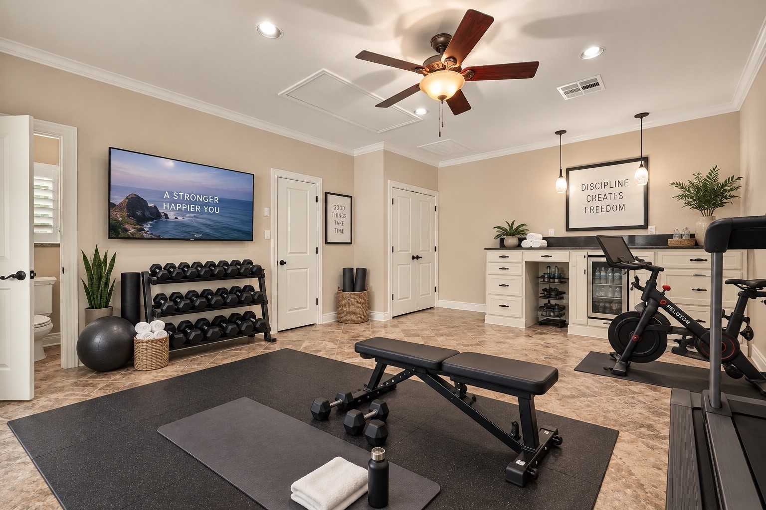 Virtually staged as a private fitness room, demonstrating the incredible flexibility of this spacious area. Whether used as a home gym, guest quarters, game room, or additional living space, the two walk-in closets and full bathroom with walk-in shower make this room exceptionally functional.