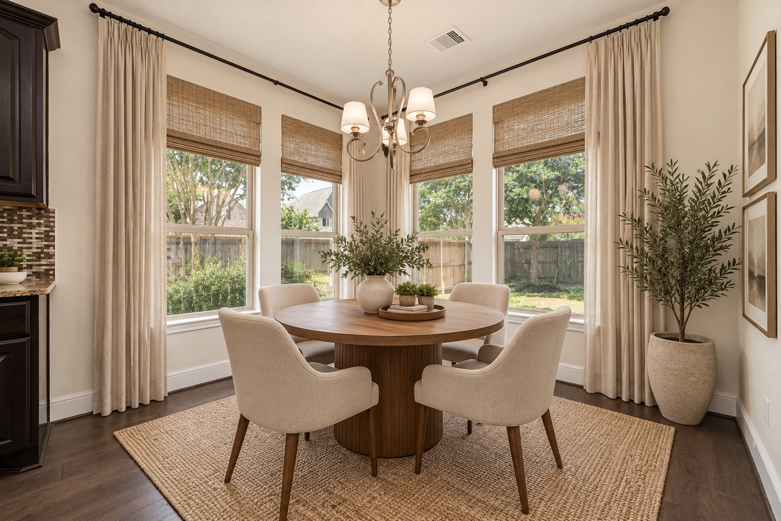 Virtually staged - This breakfast nook space offers a view of the backyard, creating an inviting atmosphere for meals and gatherings.