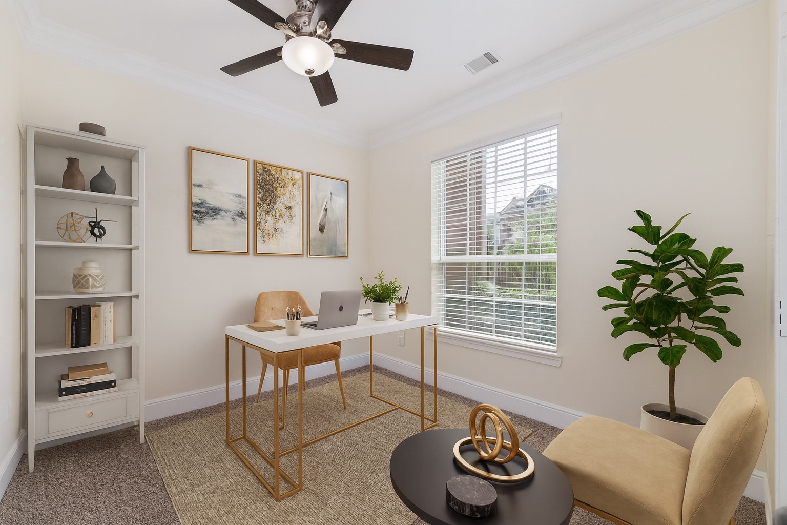 Virtually staged - Office/Study at the entrance of the house. This bright room features neutral walls, a ceiling fan and a large window that provides ample natural light. The perfect room for a home office or sitting area.
