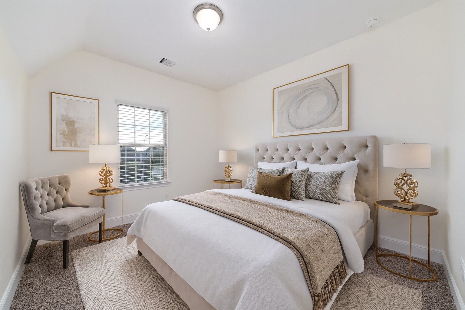 Virtually staged -Bedroom #4 - This room features neutral walls, a plush carpet, and a single window with a decorative shade, providing a cozy and versatile space.