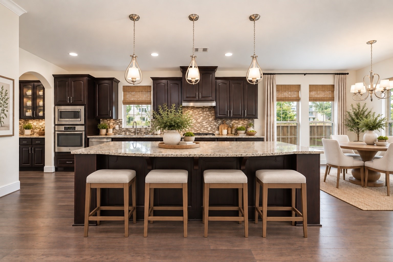 virtually staged - This modern kitchen features elegant dark wood cabinetry, a large center island, and stainless steel appliances.