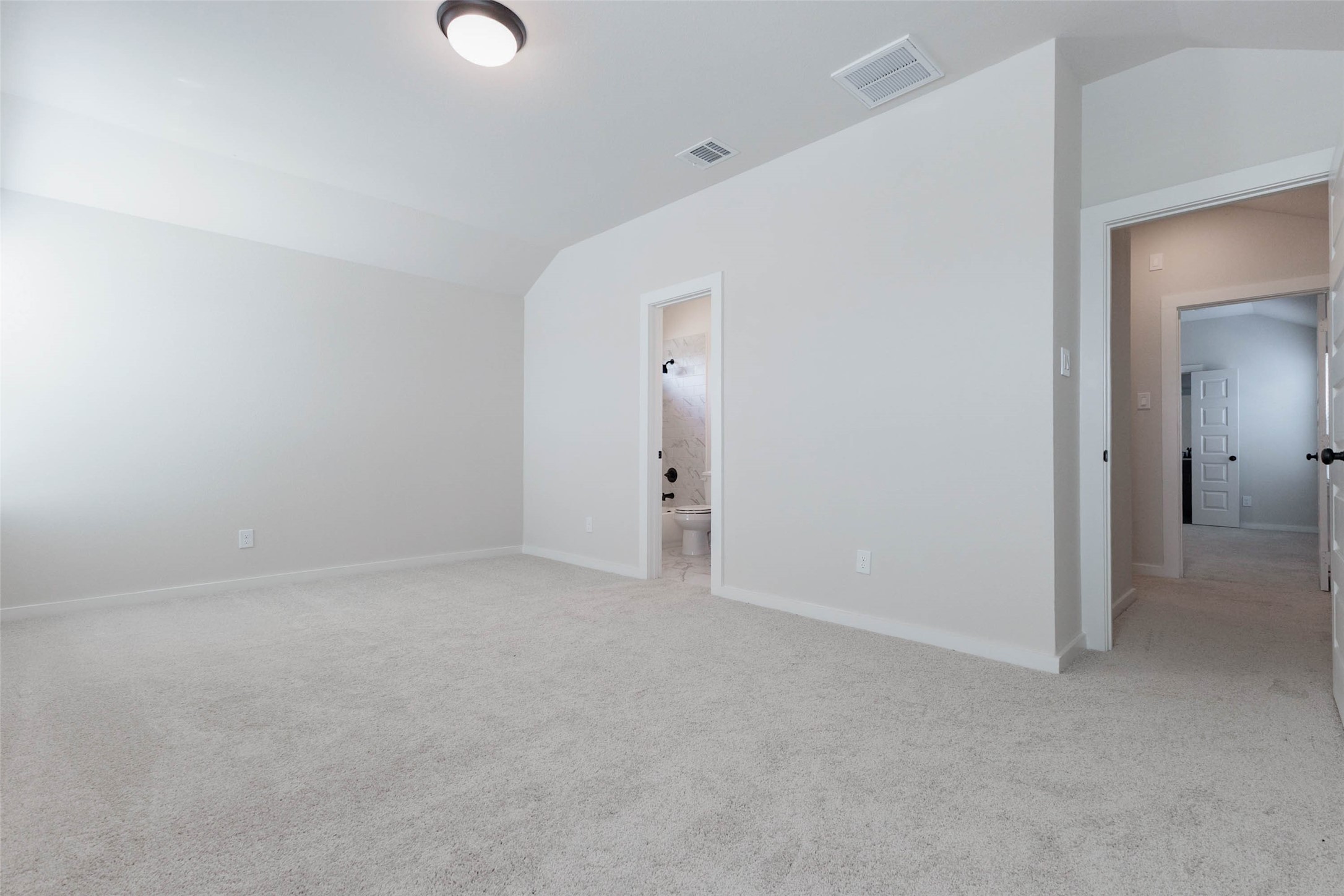 Another carpeted bedroom with a vaulted ceiling and generous floor space, this room sits right next to the hall bath for convenience. The wide layout can fit a queen bed plus a desk or reading chair, and the neutral palette suits any style. Quiet, bright and well proportioned, it makes a great option for kids, guests or a home office with room for a full-size workspace.
