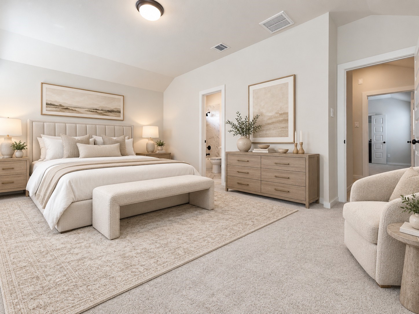Another carpeted bedroom with a vaulted ceiling and generous floor space, this room sits right next to the hall bath for convenience. The wide layout can fit a queen bed plus a desk or reading chair, and the neutral palette suits any style. Quiet, bright and well proportioned, it makes a great option for kids, guests or a home office with room for a full-size workspace. This photo has been virtually staged for visual reference.