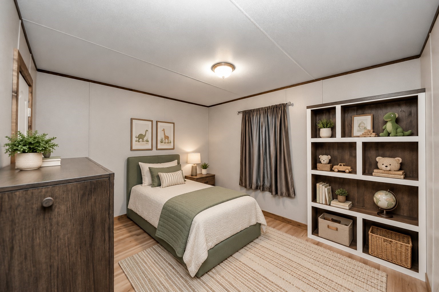 Virtually staged second bedroom with versatile space for a childs room.