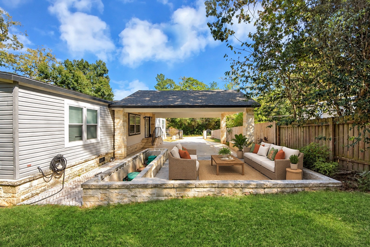 Virtually staged open-air paver patio adjacent to the covered carport.