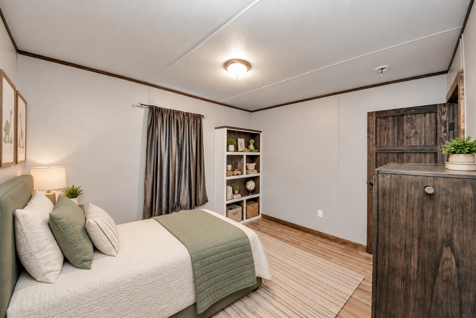 Virtually staged second bedroom with versatile space for a childs room.