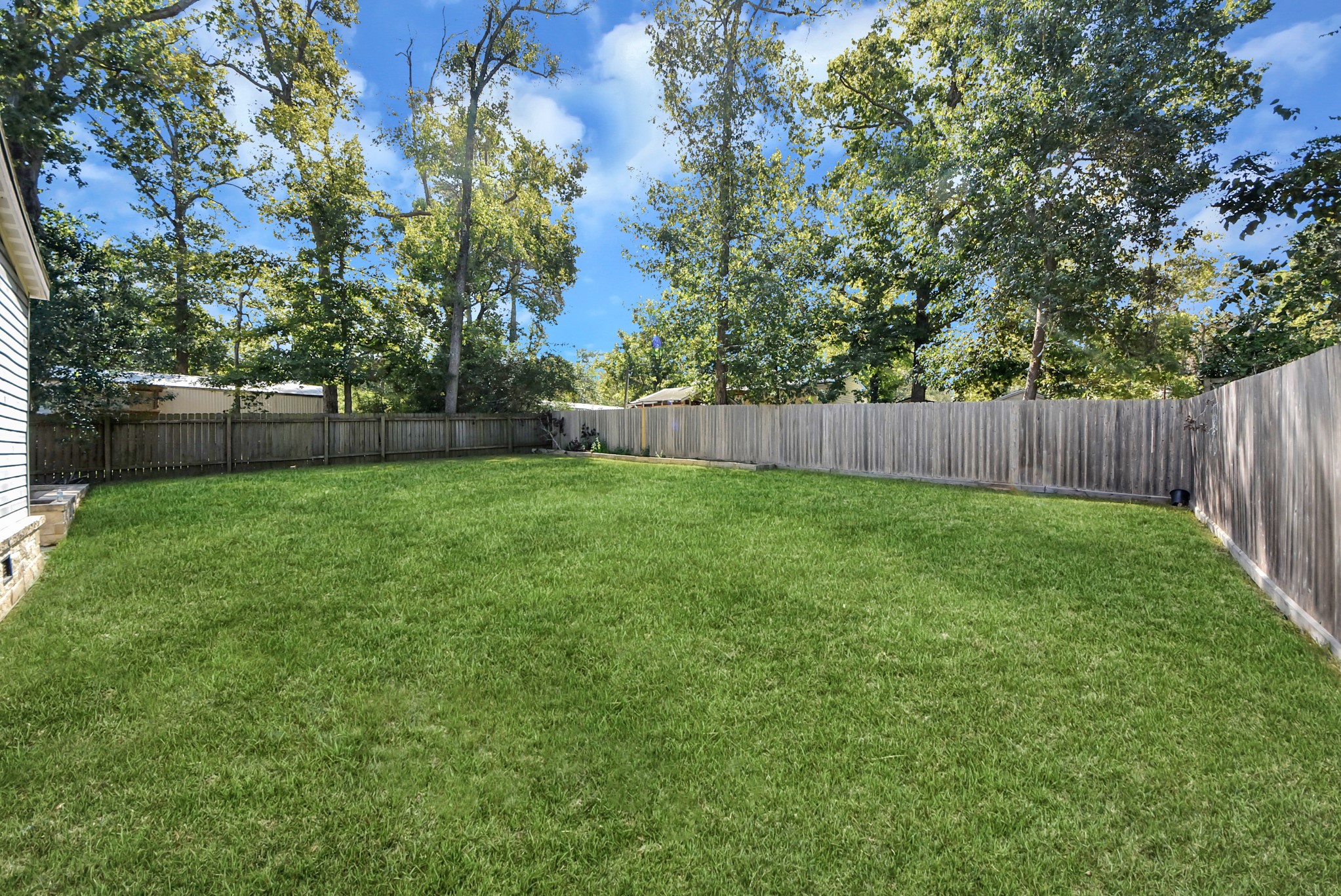 Spacious backyard with lush greenery.
