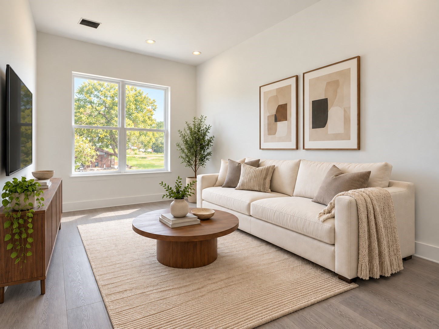 Discover a bright and beautifully arranged living area where contemporary design meets everyday comfort. A large window fills the room with natural sunlight, highlighting the elegant wood-look flooring and soft neutral finishes. The inviting seating arrangement features a plush sofa, decorative pillows, a round wood coffee table, and a textured area rug. These photos have been virtually rendered for visual reference.